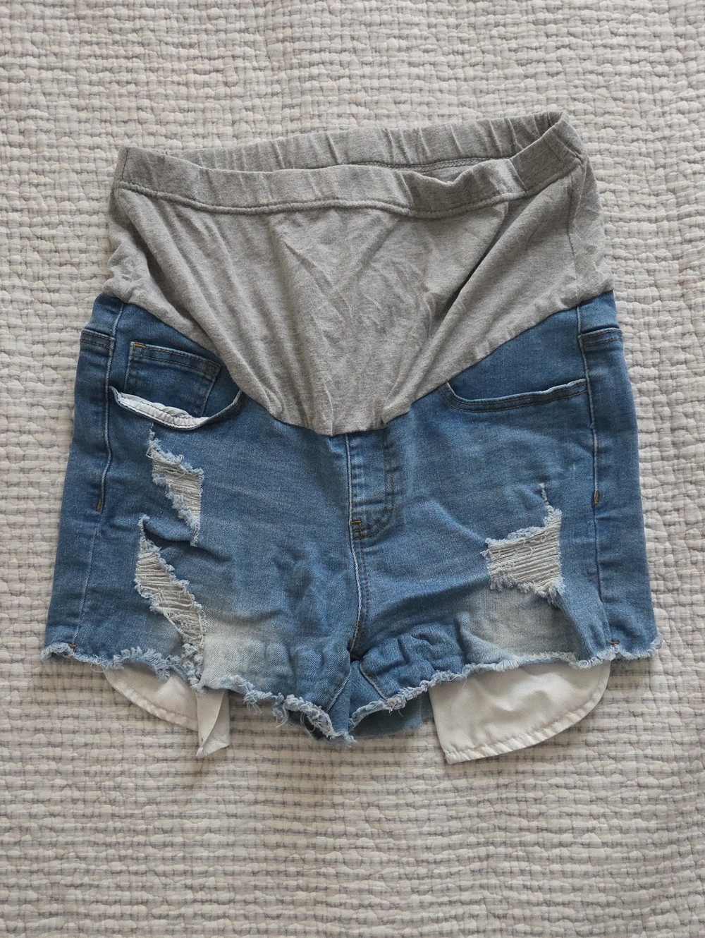 Distressed High Waist MATERNITY Denim Shorts with Gray Waistband